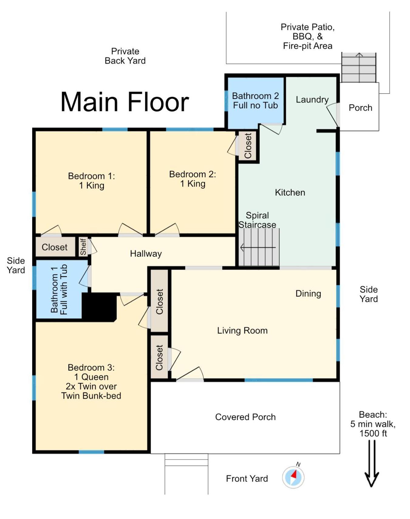 Holiday home Beachy Central, Near Beach, 2 King Beds, Crib, Huge Private Yard, Patio, Porch, Bbq, & Firepit